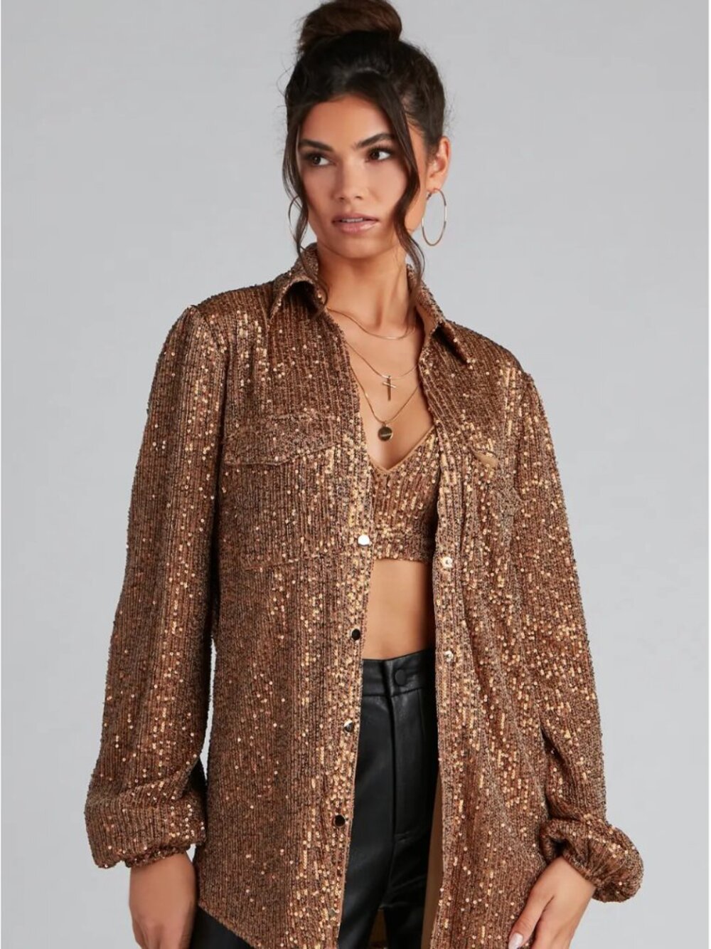 Windsor Gold Sequin Button-Front Long Sleeve Shacket NWT